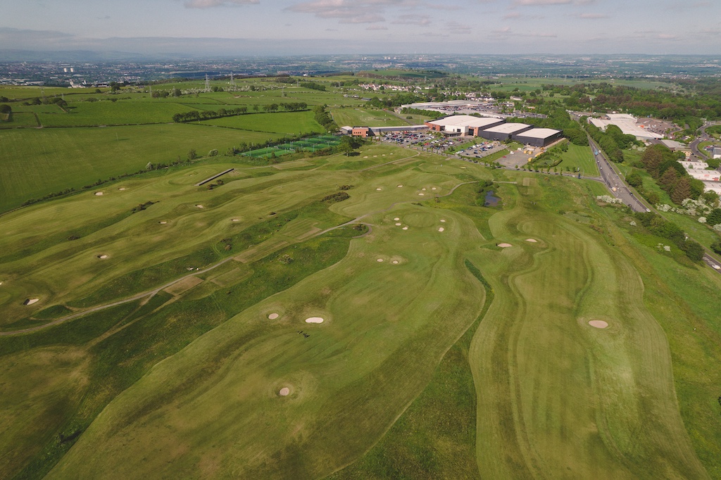 Aerial view of Playsport Golf course green in East Kilbride