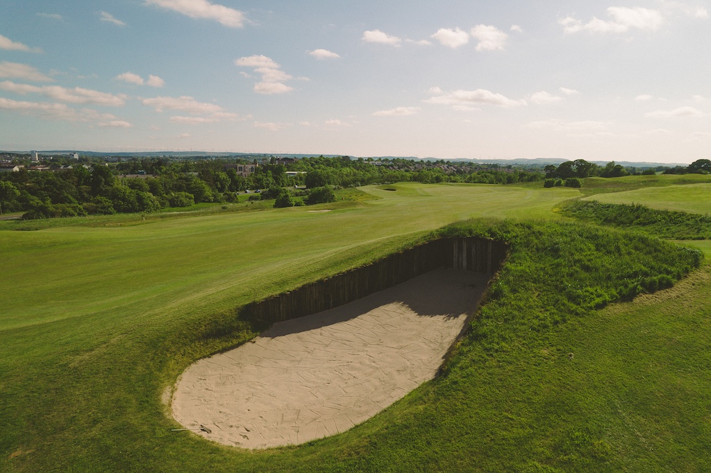 Aerial view of Playsport Golf course green bunker in East Kilbride