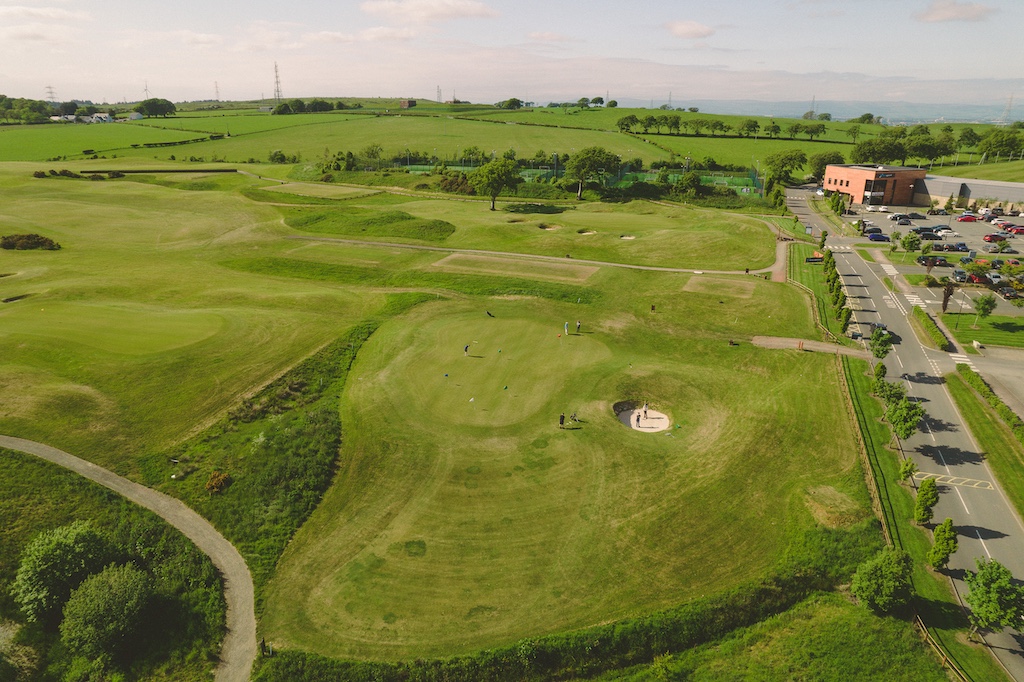 Aerial view of Playsport Golf course green in East Kilbride