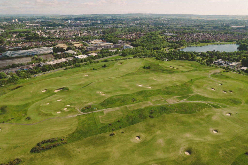 Aerial view of Playsport Golf course green in East Kilbride