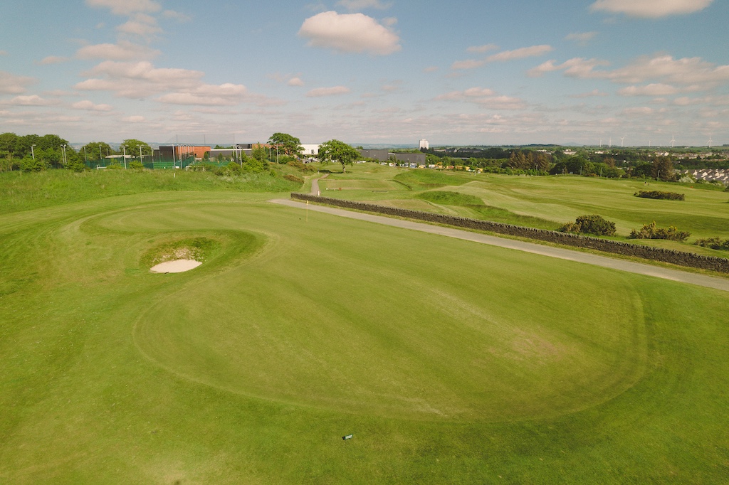 Aerial view of Playsport Golf course green in East Kilbride